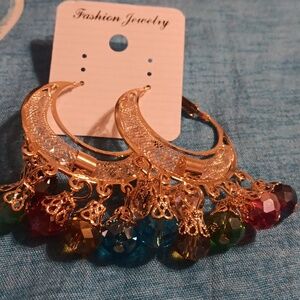 Elegant Gold Crescent Earrings with Multicolor Beads